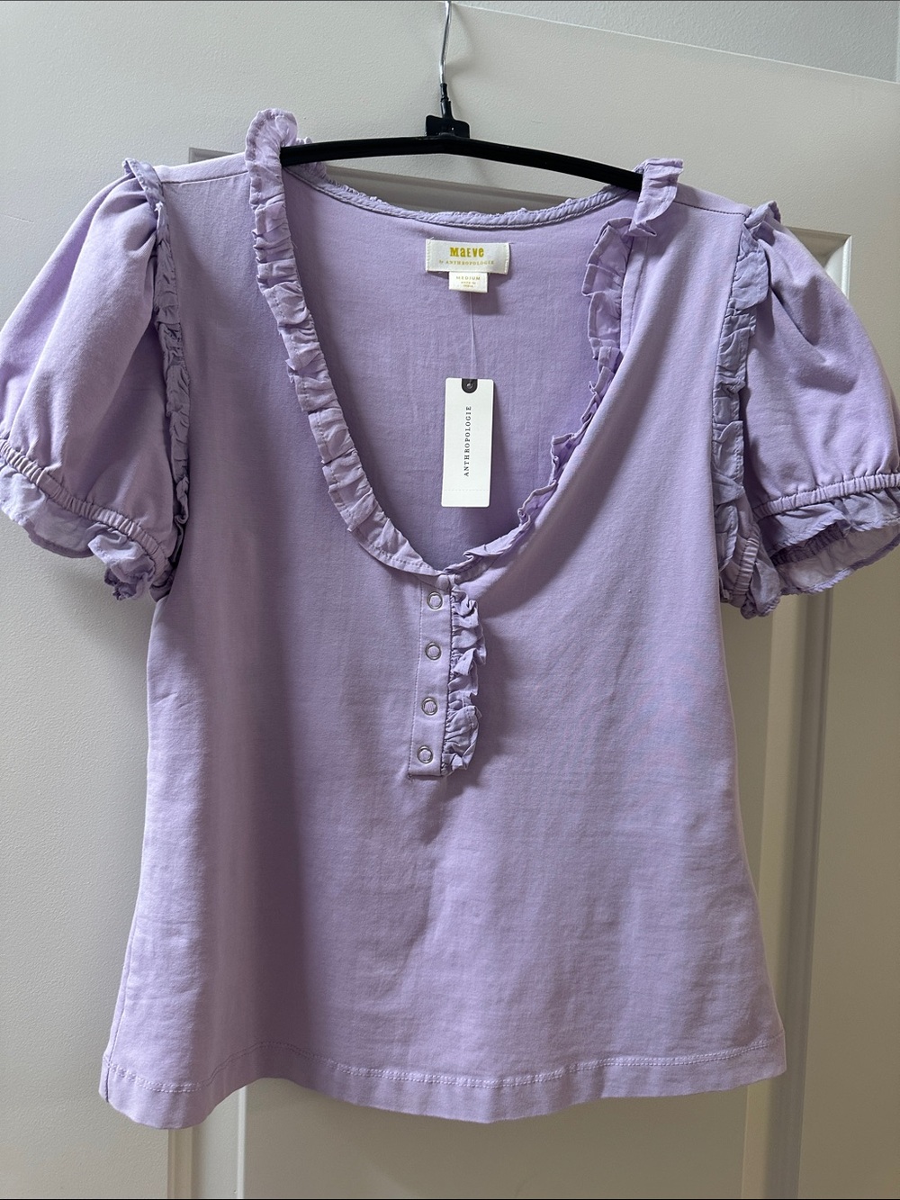 Maeve Lavender Ruffle-Trim Puff Sleeve Blouse